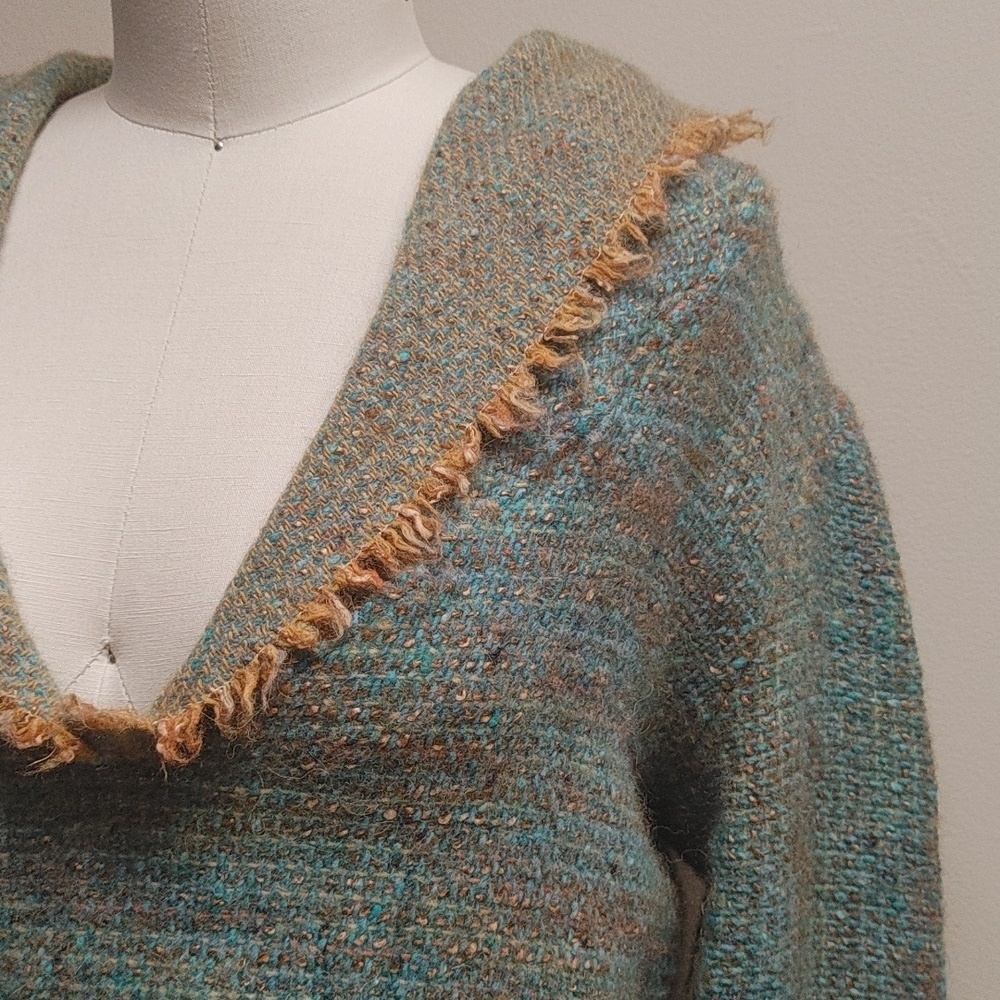 OOAK Handwoven Wool Hoodie Turquoise & Gold - Picture 3 of 17